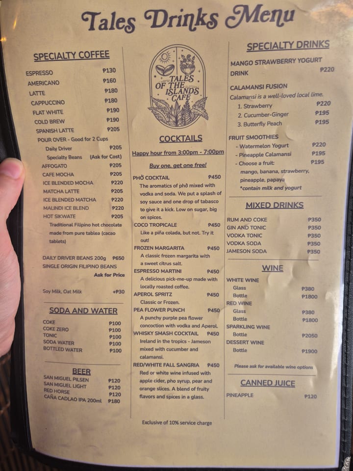 Photograph of the menu at Tales of the Islands