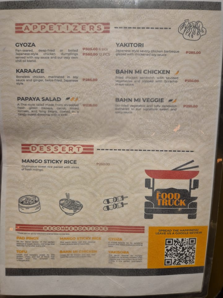 Photograph of the menu at Th food truck