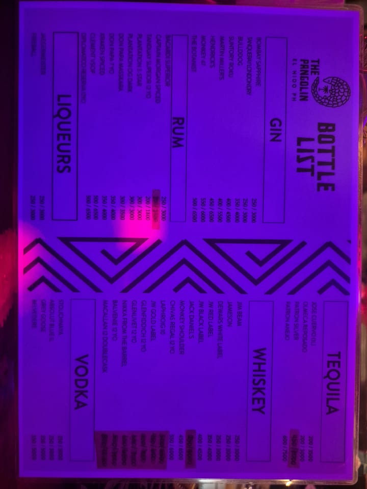 Fotografia do menu de The Pangolin