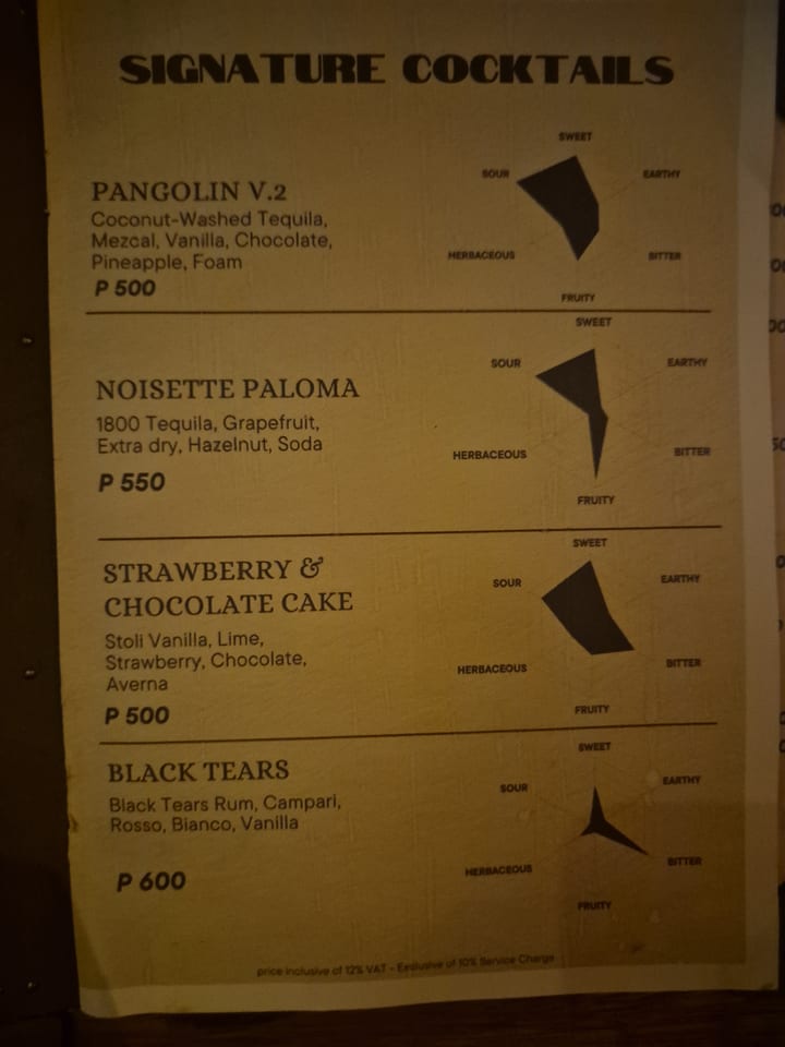 Photograph of the menu at The Pangolin - Cocktail Bar