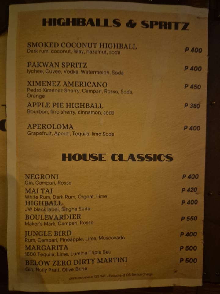 Photograph of the menu at The Pangolin - Cocktail Bar
