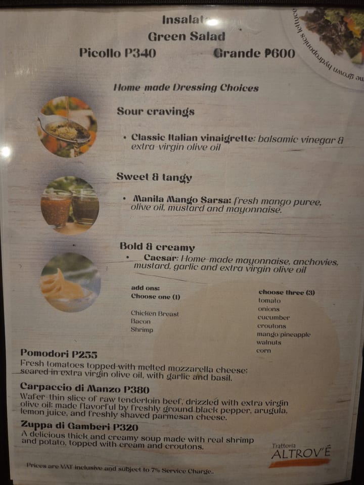 Photograph of the menu at Trattoria Altrove