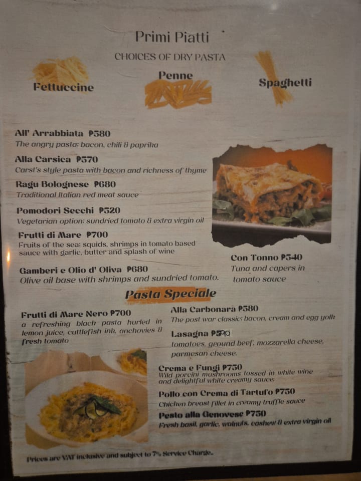 Photograph of the menu at Trattoria Altrove