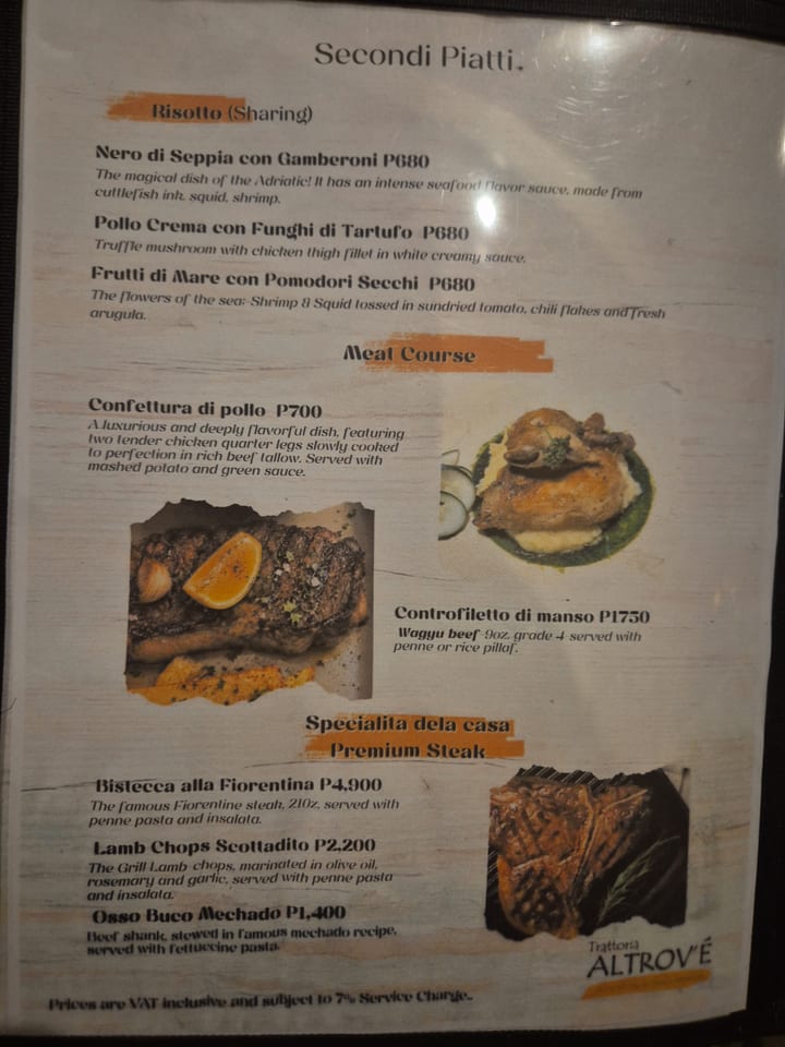 Photograph of the menu at Trattoria Altrove