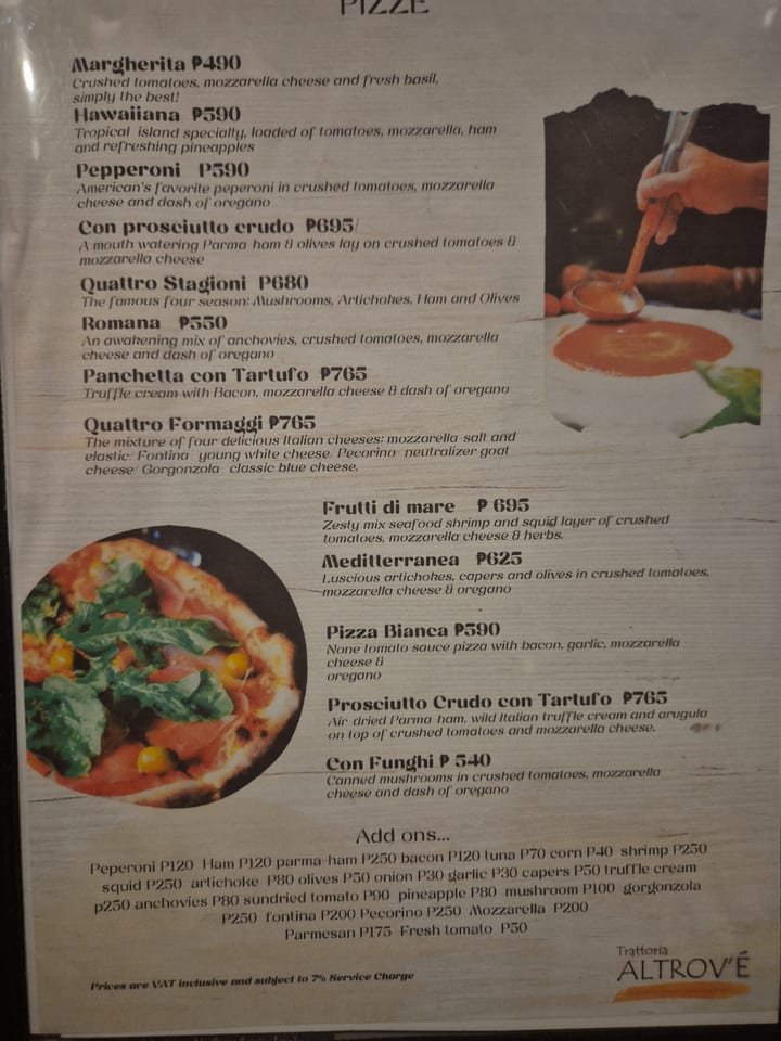 Photograph of the menu at Trattoria Altrove