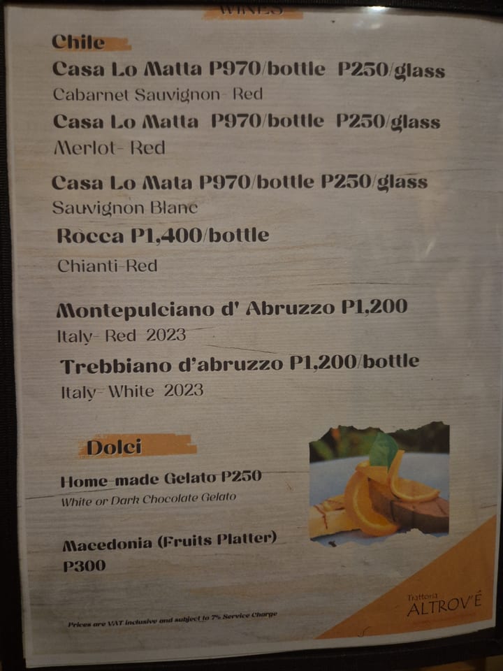 Photograph of the menu at Trattoria Altrove