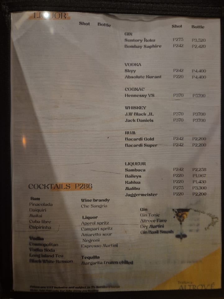 Photograph of the menu at Trattoria Altrove