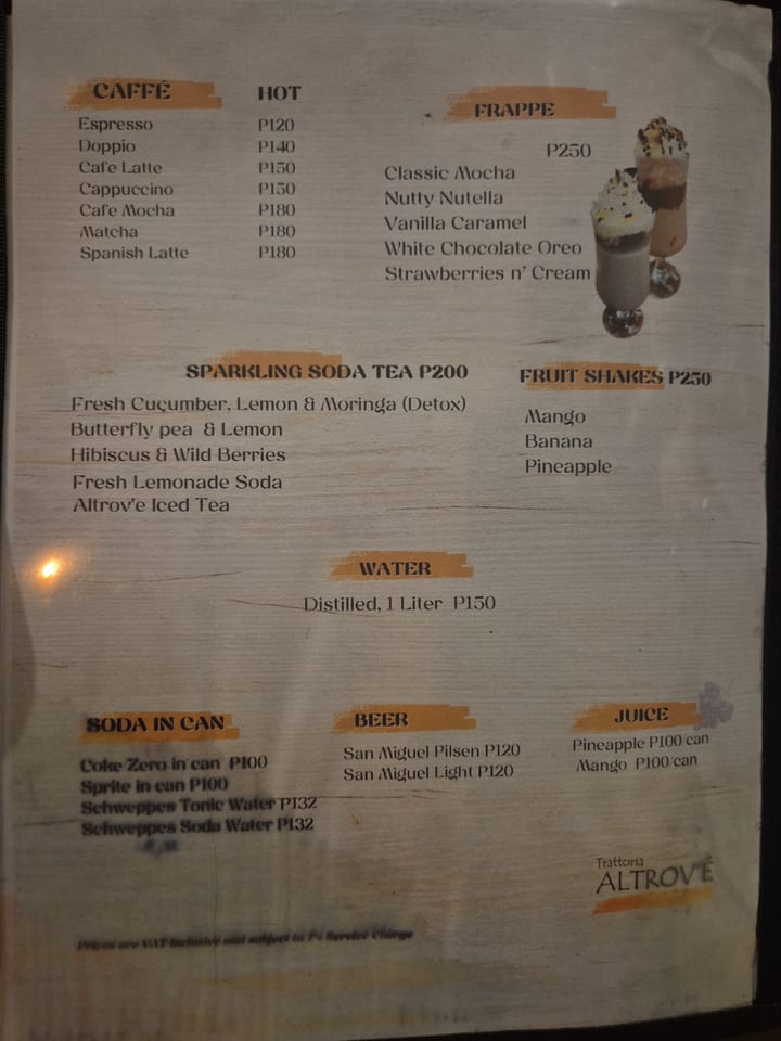 Photograph of the menu at Trattoria Altrove