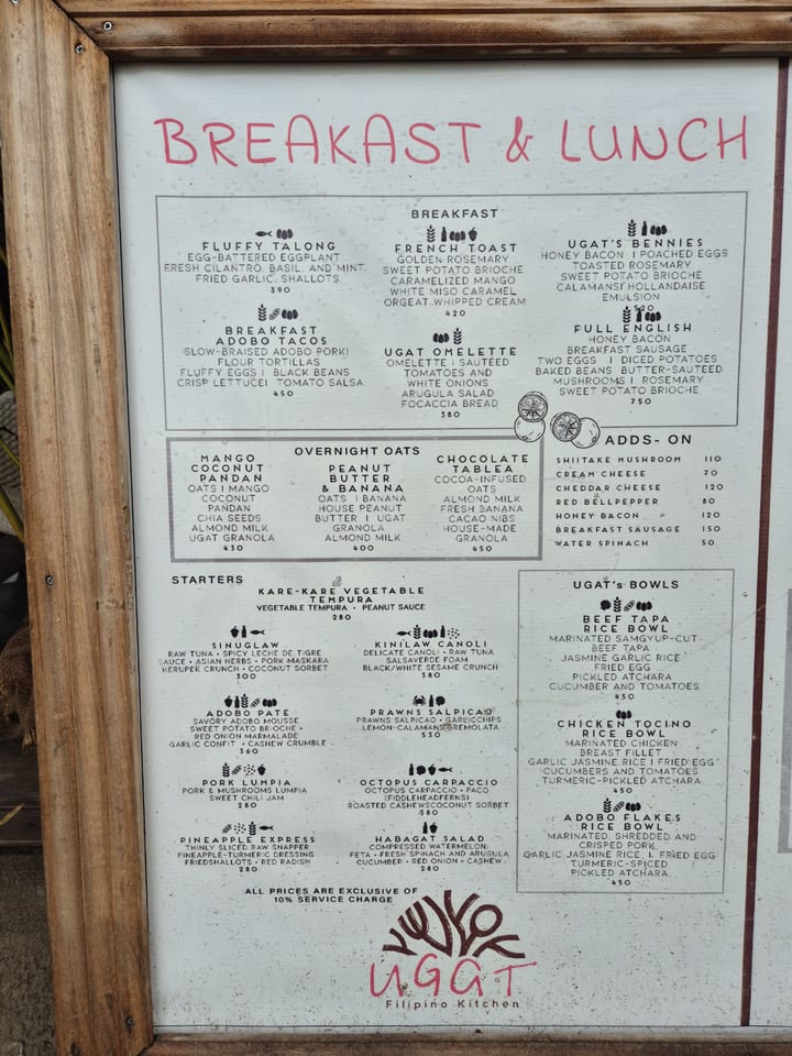 Photograph of the menu at Ugat