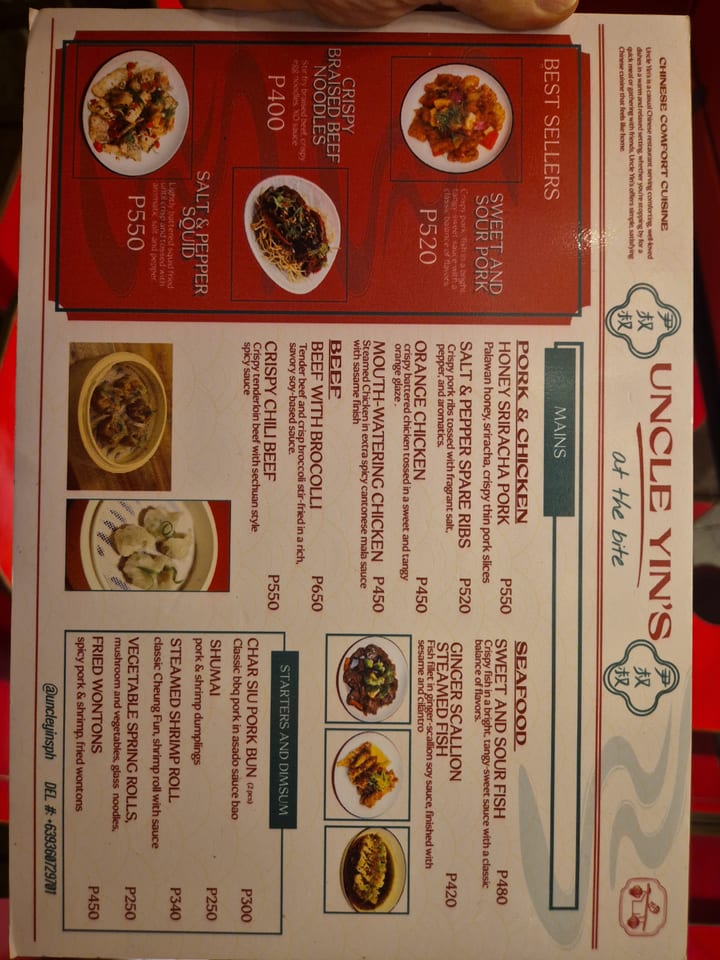 Photograph of the menu at Uncle Yin's