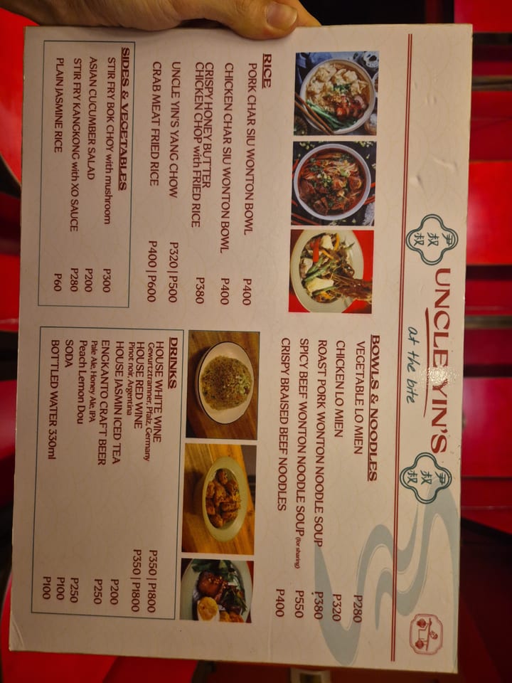 Photograph of the menu at Uncle Yin's