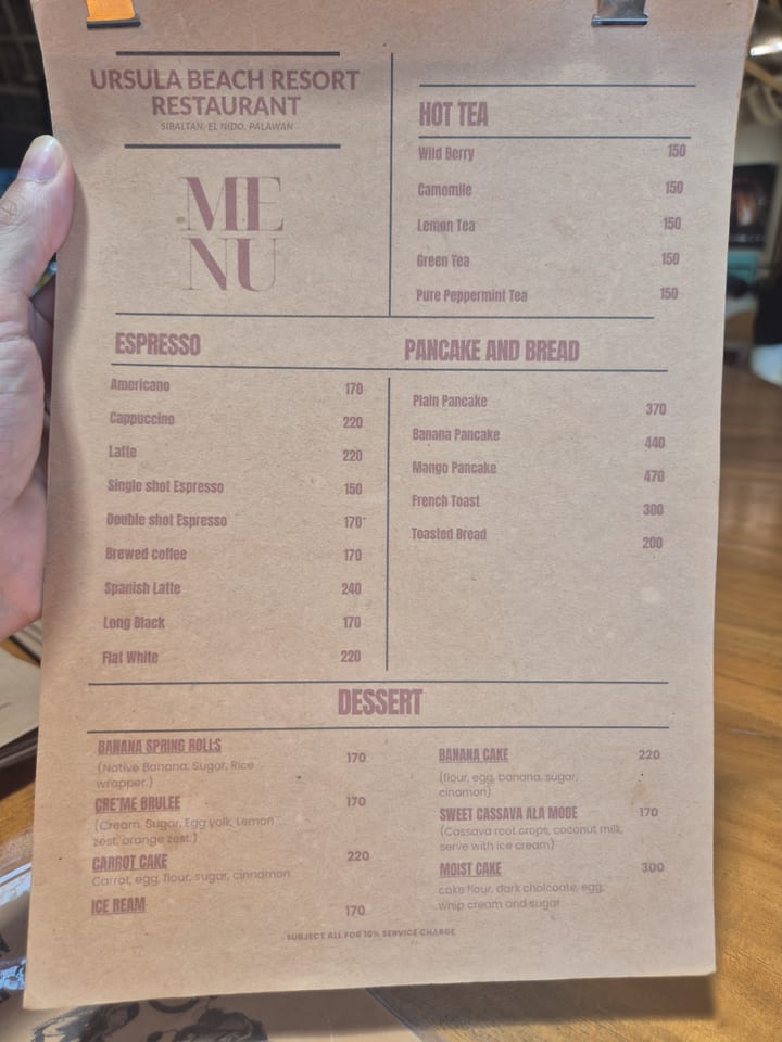 Photograph of the menu at Ursula Beach Resort