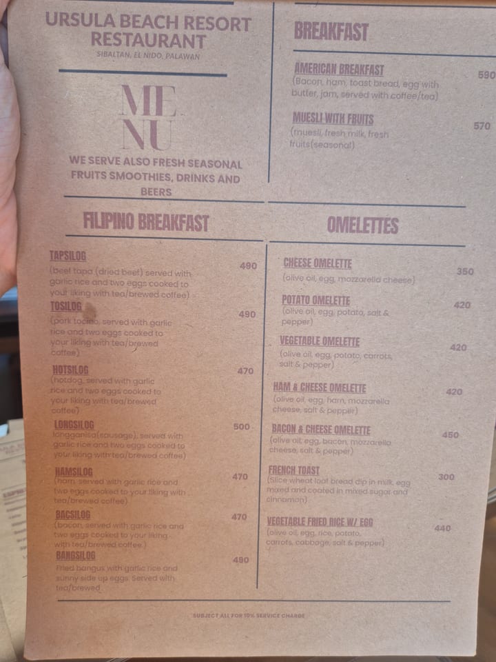 Photograph of the menu at Ursula Beach Resort