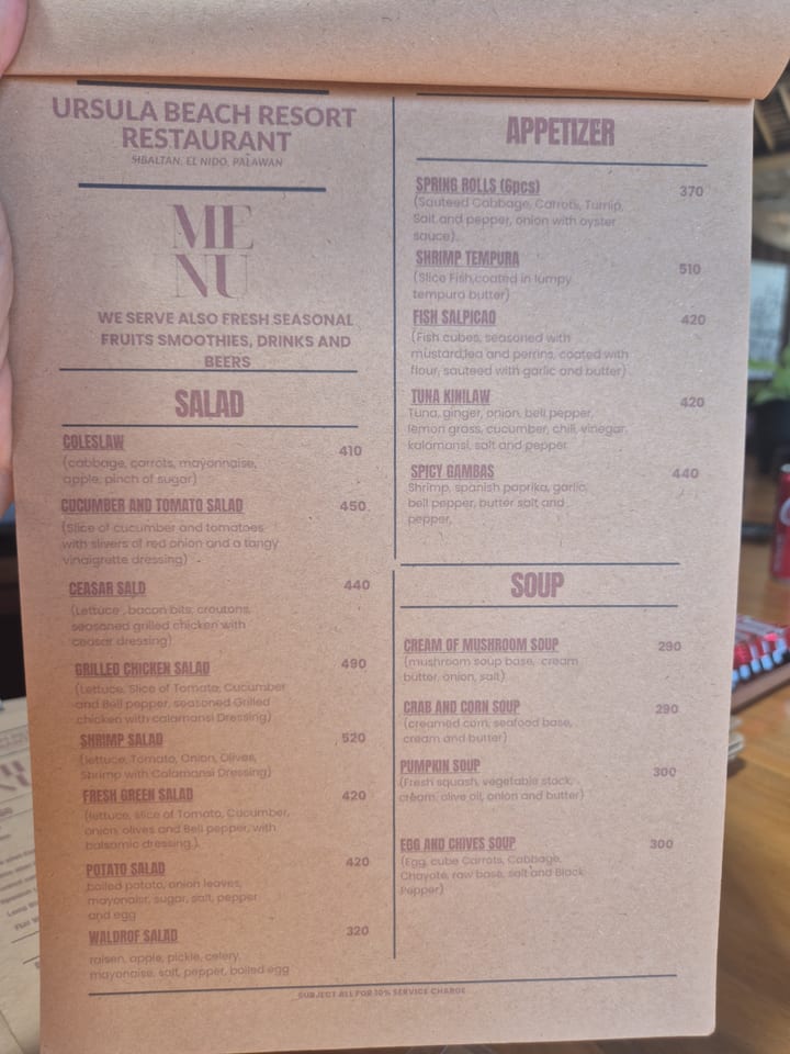 Photograph of the menu at Ursula Beach Resort