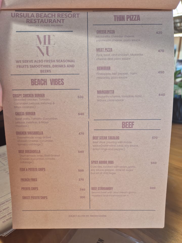 Photograph of the menu at Ursula Beach Resort