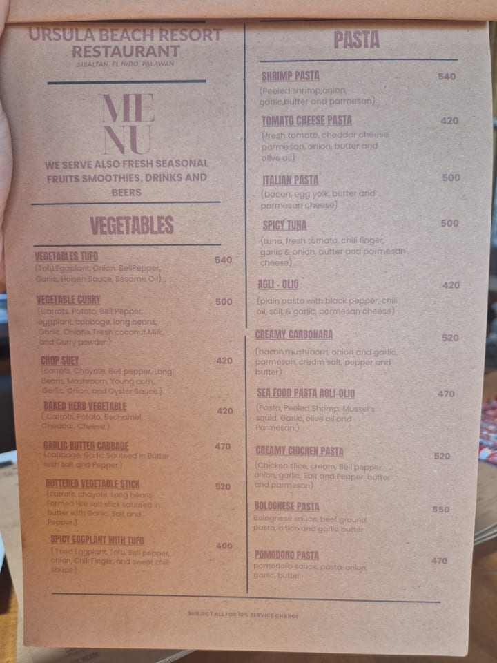 Photograph of the menu at Ursula Beach Resort