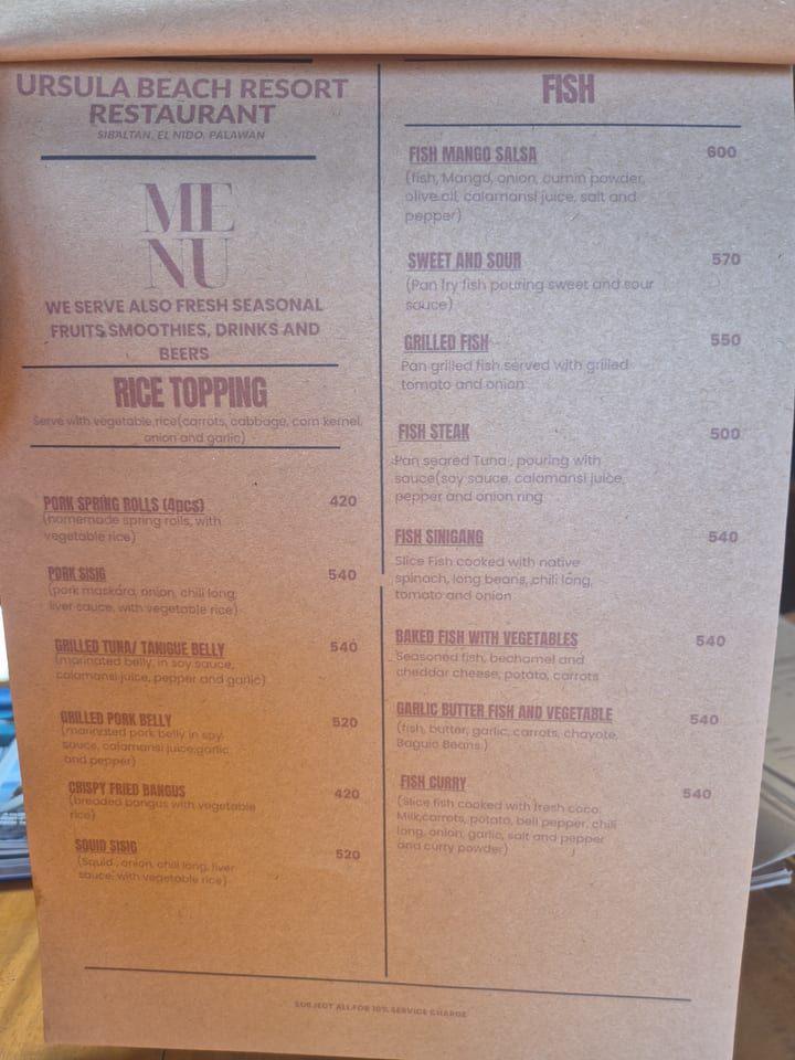 Photograph of the menu at Ursula Beach Resort