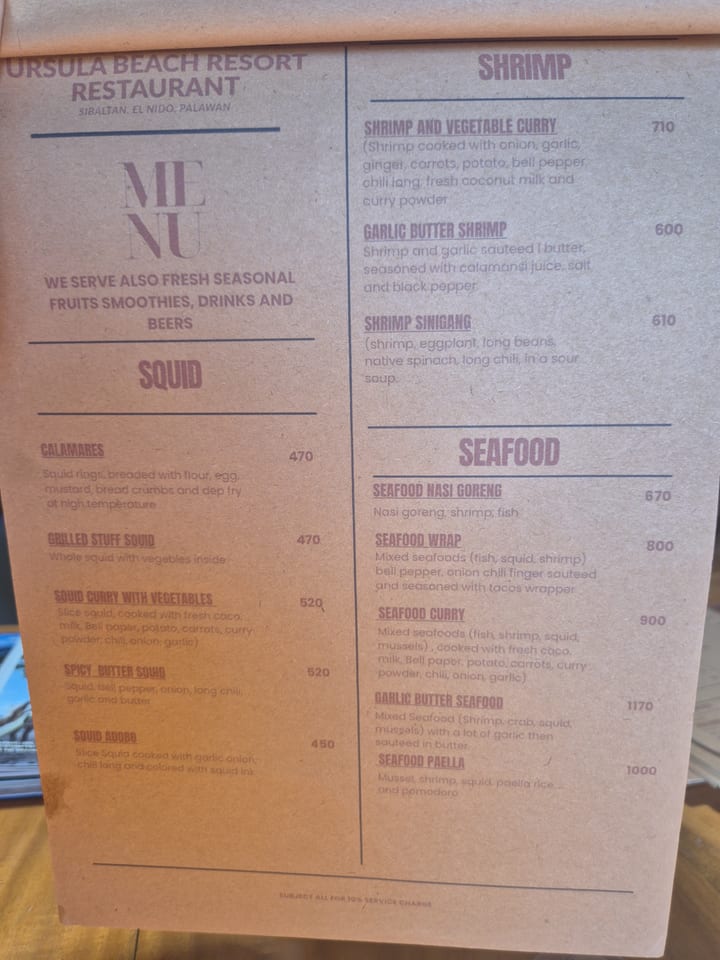 Photograph of the menu at Ursula Beach Resort