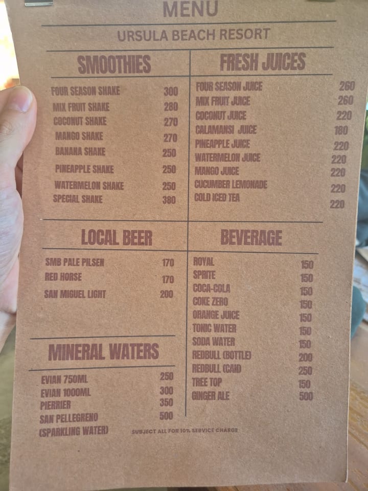 Photograph of the menu at Ursula Beach Resort