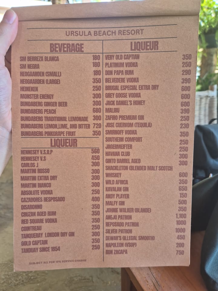 Photograph of the menu at Ursula Beach Resort