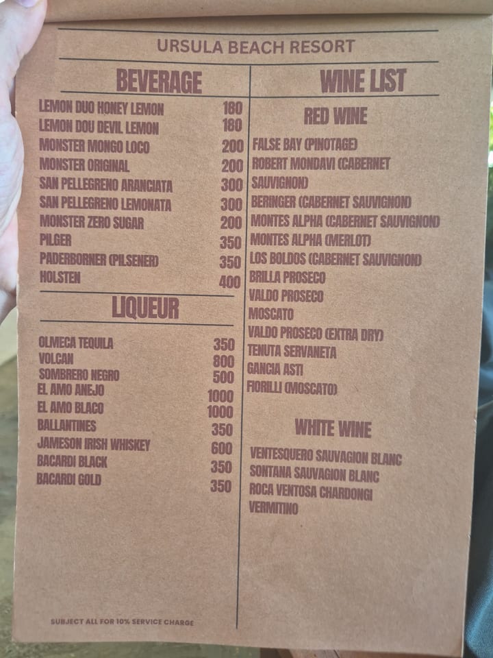 Photograph of the menu at Ursula Beach Resort