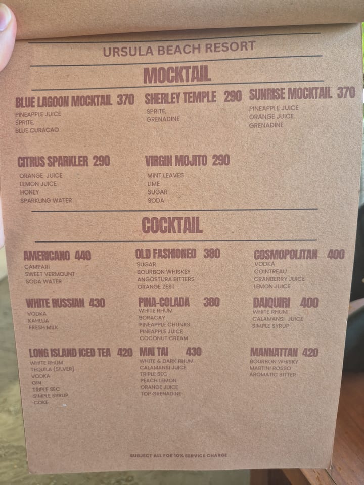 Photograph of the menu at Ursula Beach Resort