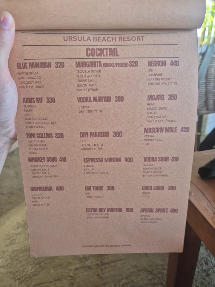 Photograph of the menu at Ursula Beach Resort