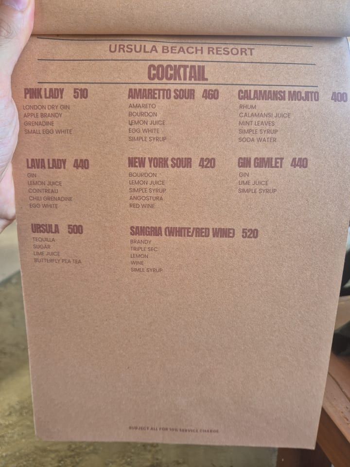 Photograph of the menu at Ursula Beach Resort