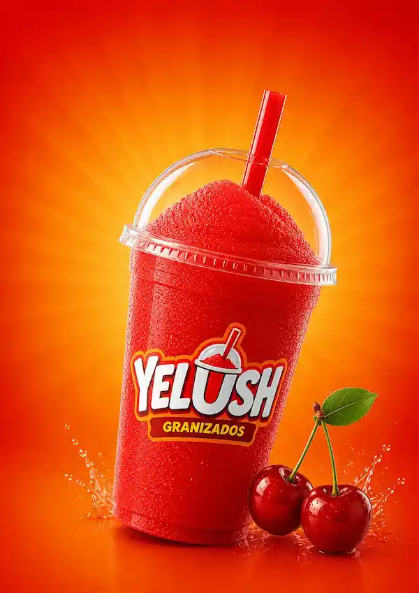 Yelush sabor cereza: slush / granizado rojo intenso en vaso transparente con popote