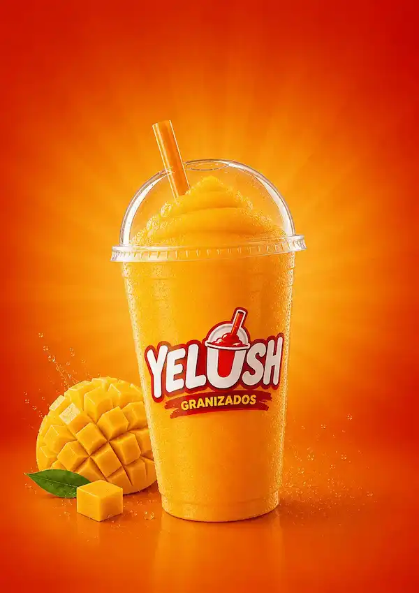 Yelush sabor mango: slush / granizado naranja en vaso transparente con popote