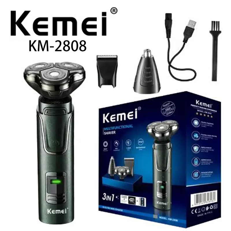 ماكينة حلاقة كيمي KM-2808 - مقاومة للماء IPX7، متعددة الوظائف، ثلاث رؤوس حلاقة عائمة - صورة 2