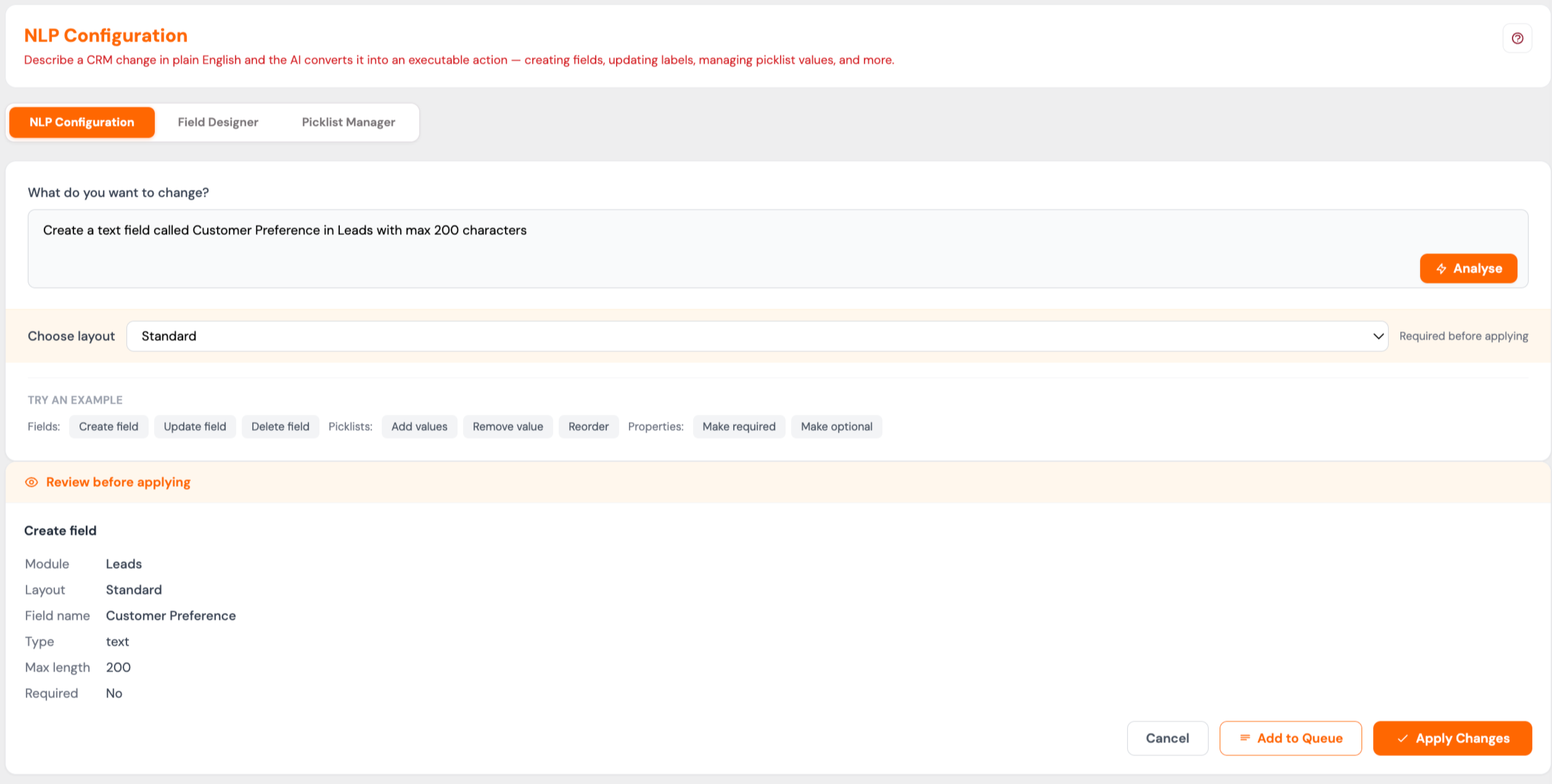 ConfigPilot Natural Language Config Builder showing field management in plain English