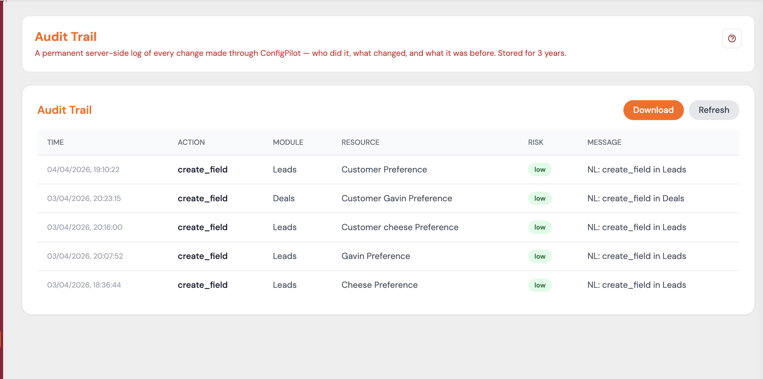 ConfigPilot Audit Trail and Change History showing logged CRM configuration changes