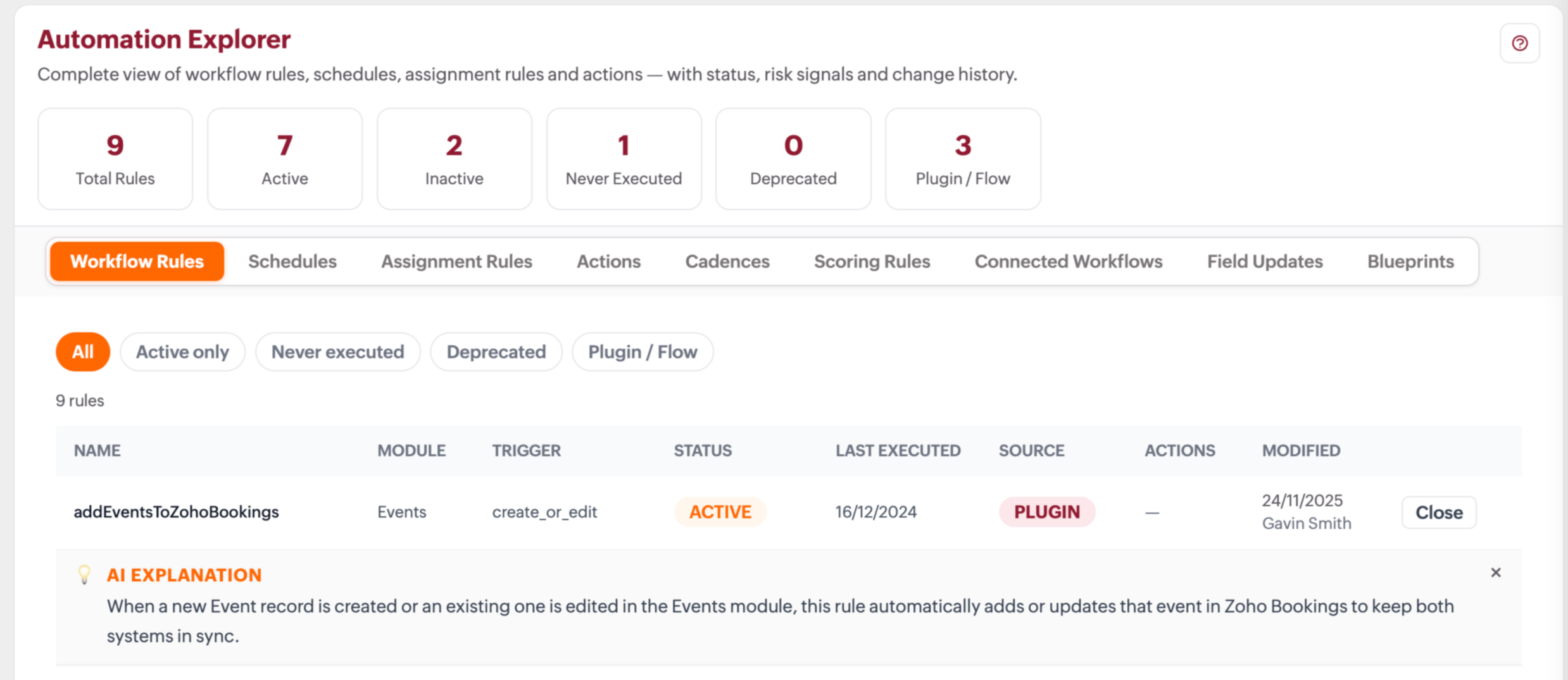 ConfigPilot Automation Explorer showing workflow rules and change management