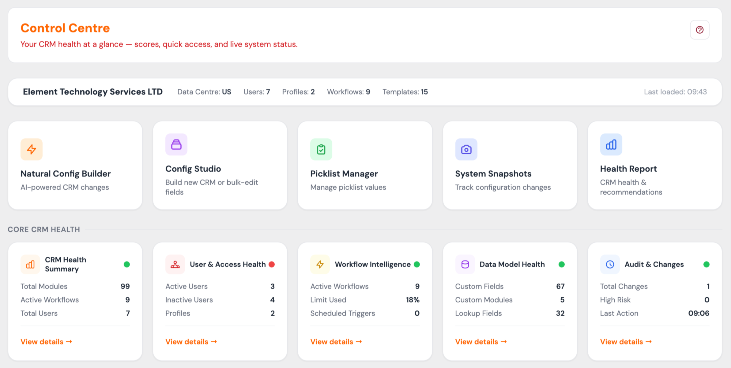 ConfigPilot dashboard showing CRM structure explorer, field management and monitoring