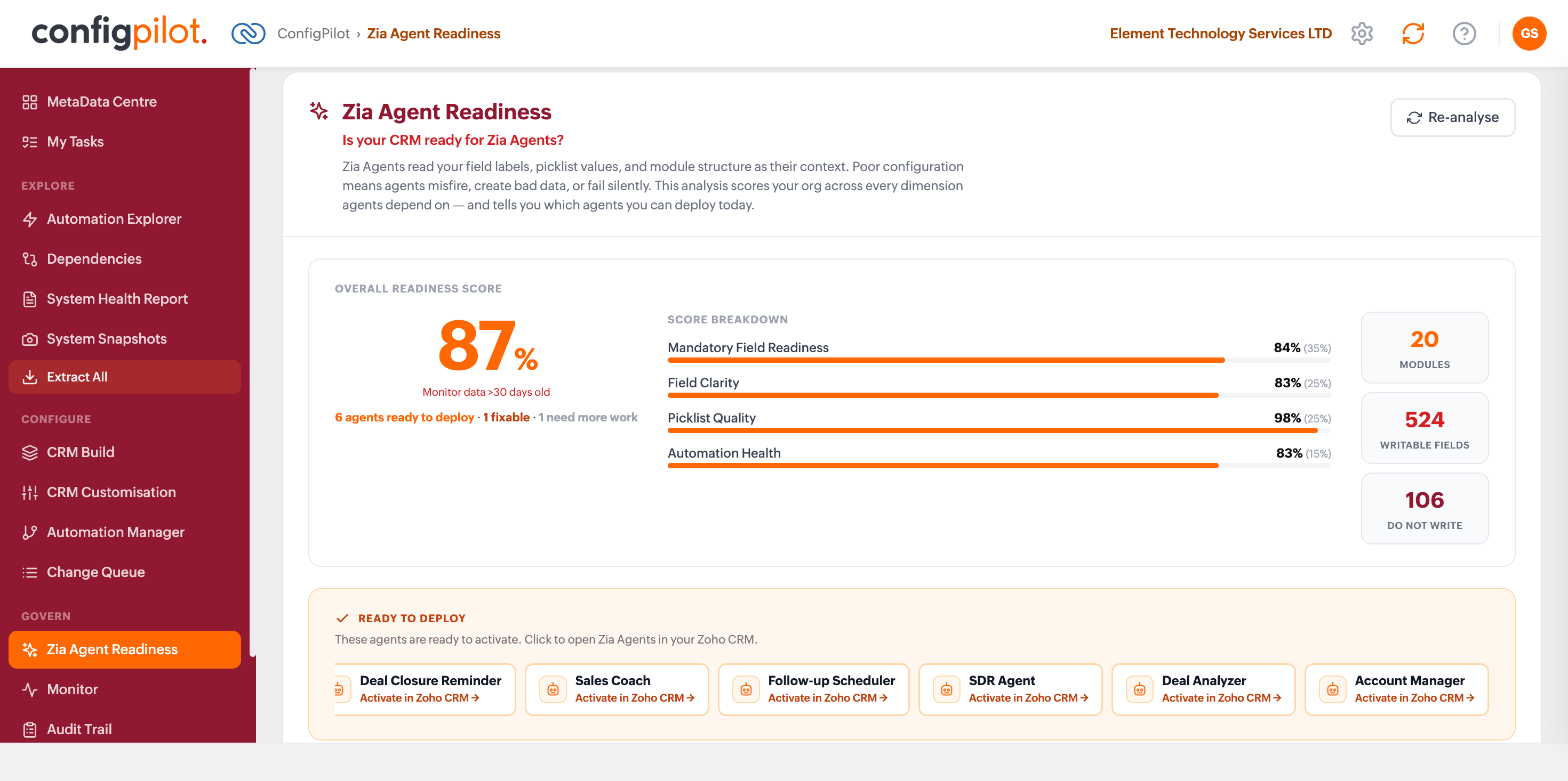 Zia Agent Readiness score showing ready-to-deploy agents in ConfigPilot