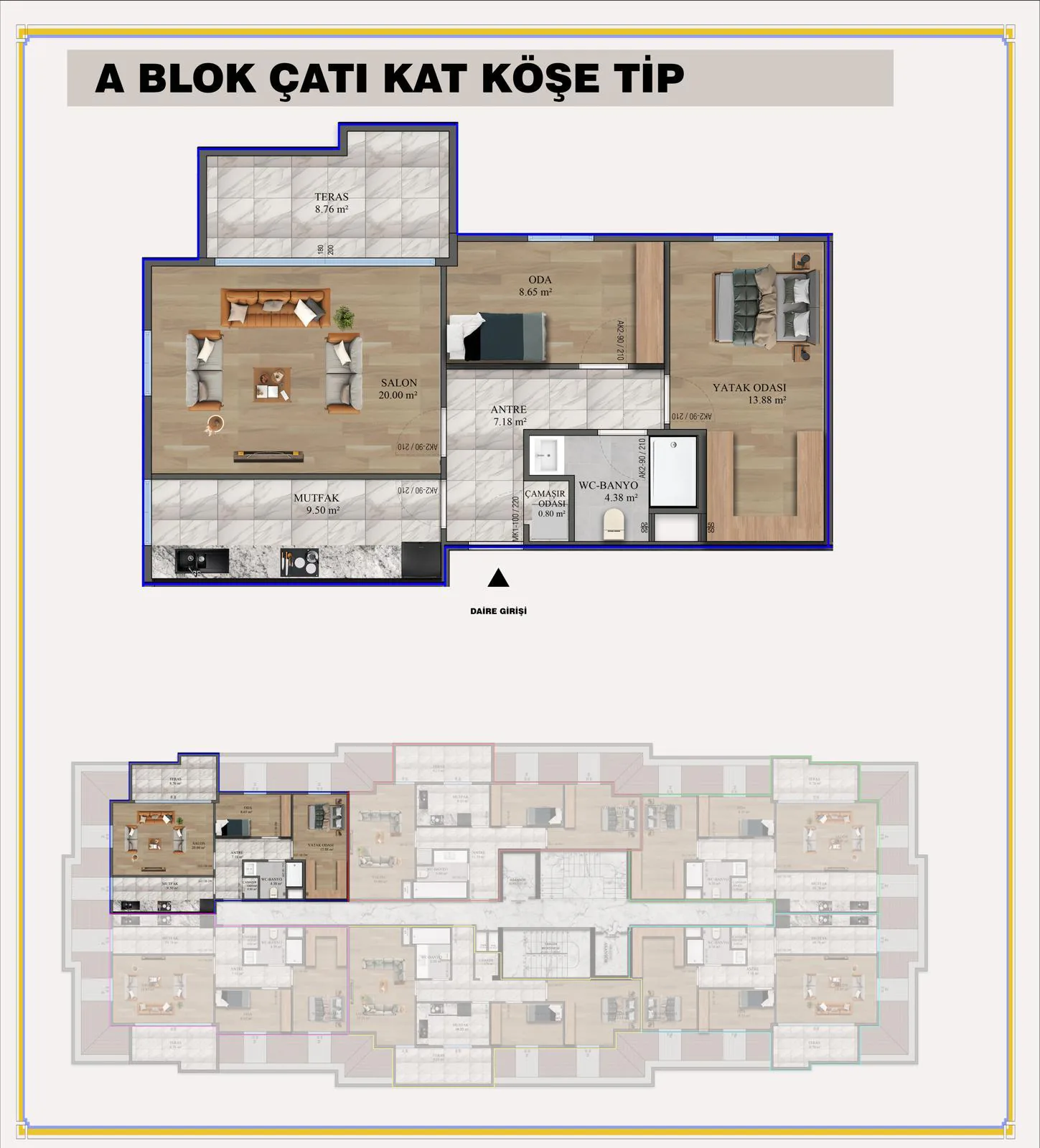A Blok Çatı Katı Köşe Tip daire planı