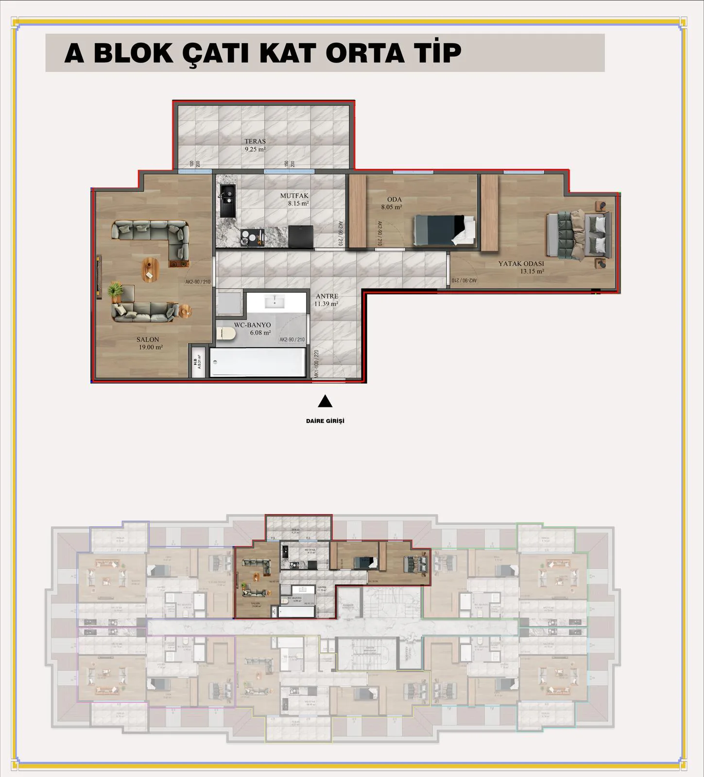 A Blok Çatı Katı Orta Tip daire planı