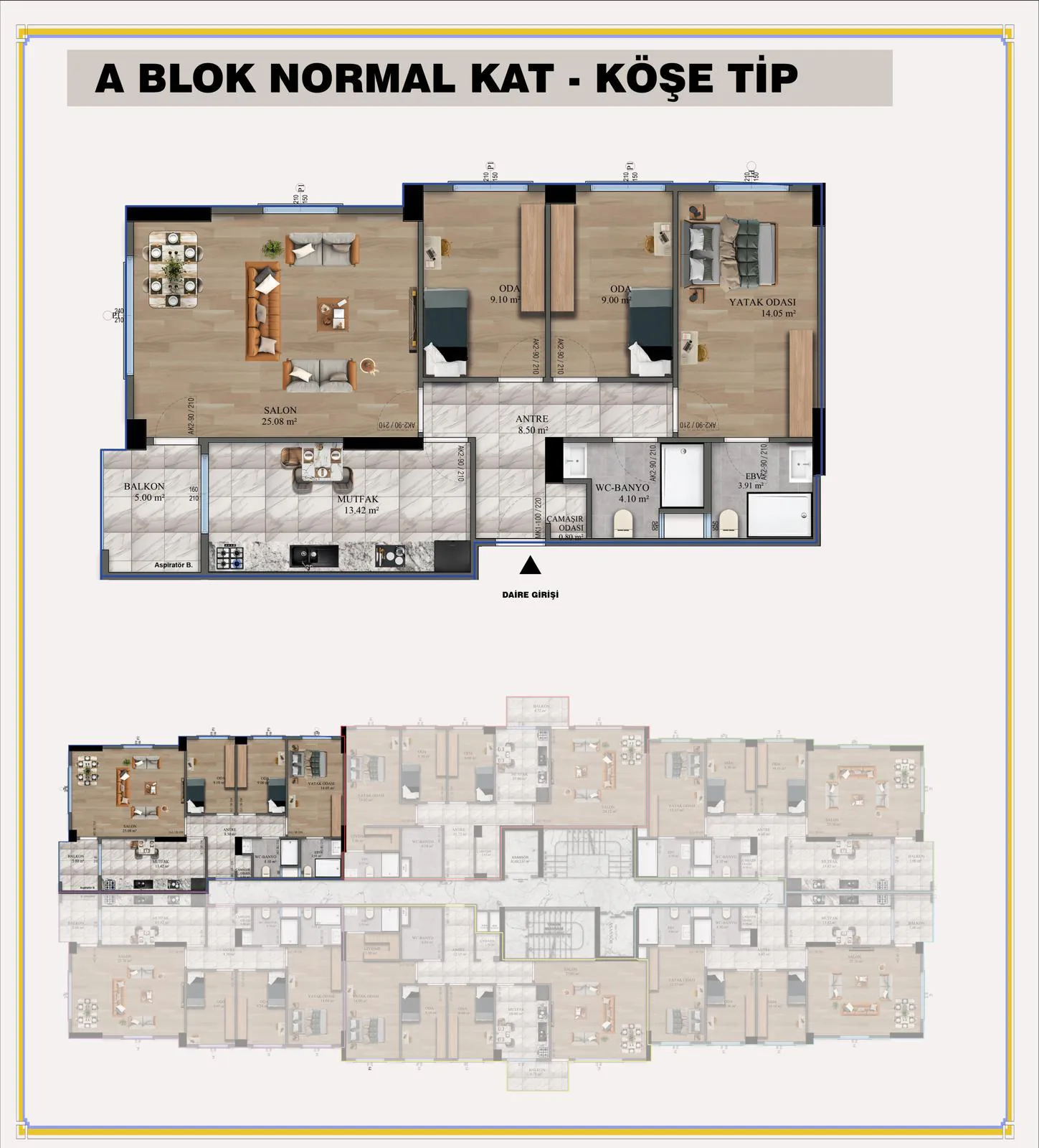 A Blok Normal Kat Köşe Tip daire planı