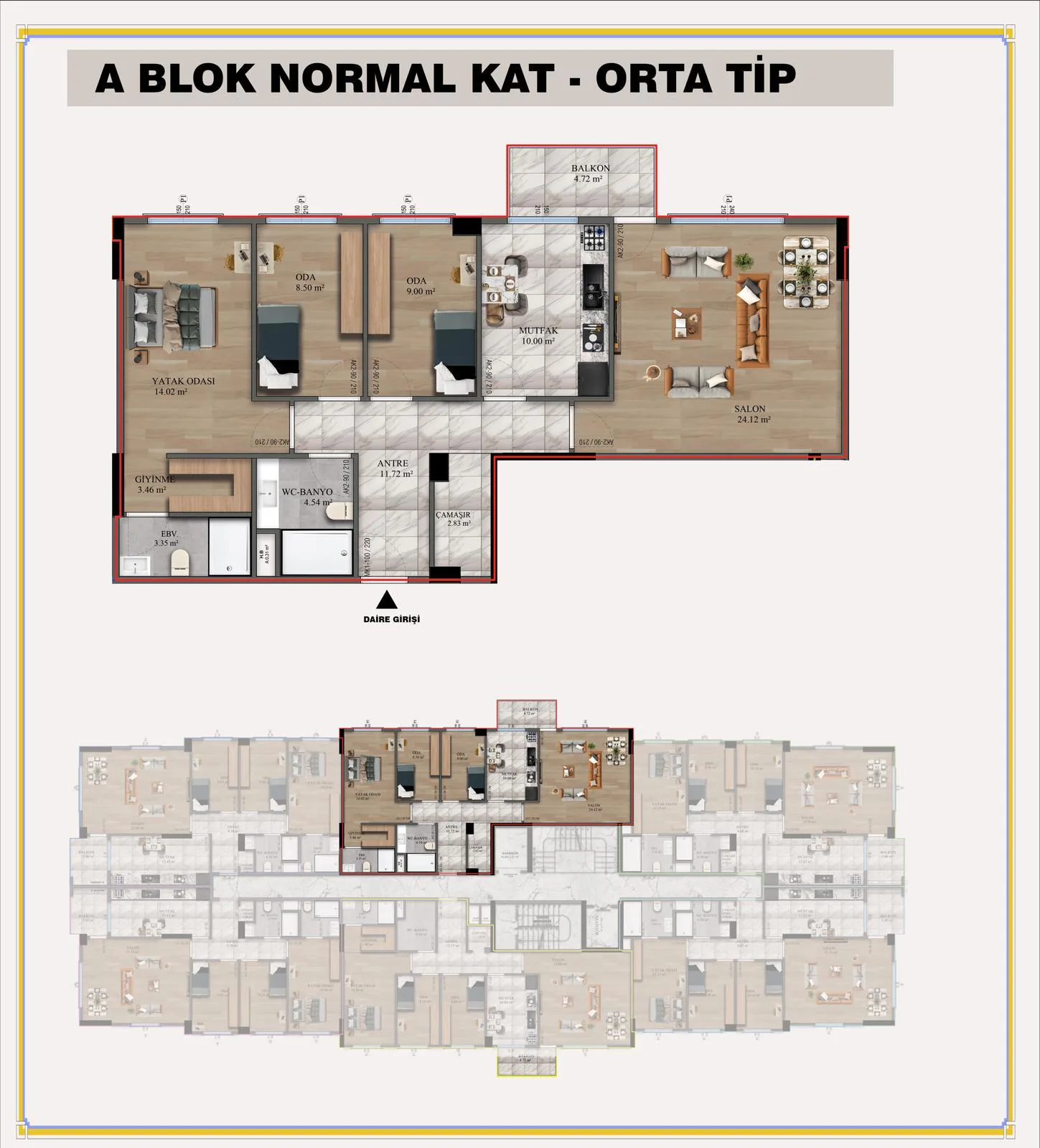 A Blok Normal Kat Orta Tip daire planı çizimi
