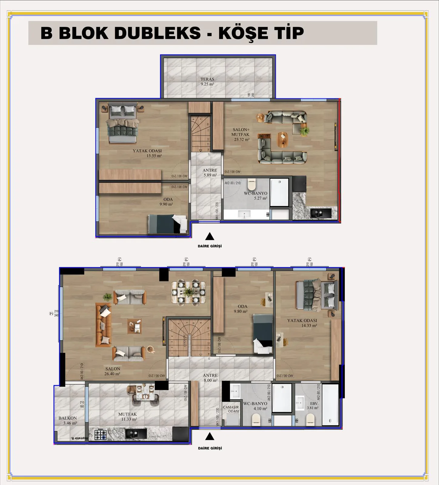 B Blok Dubleks Köşe Tip daire planı