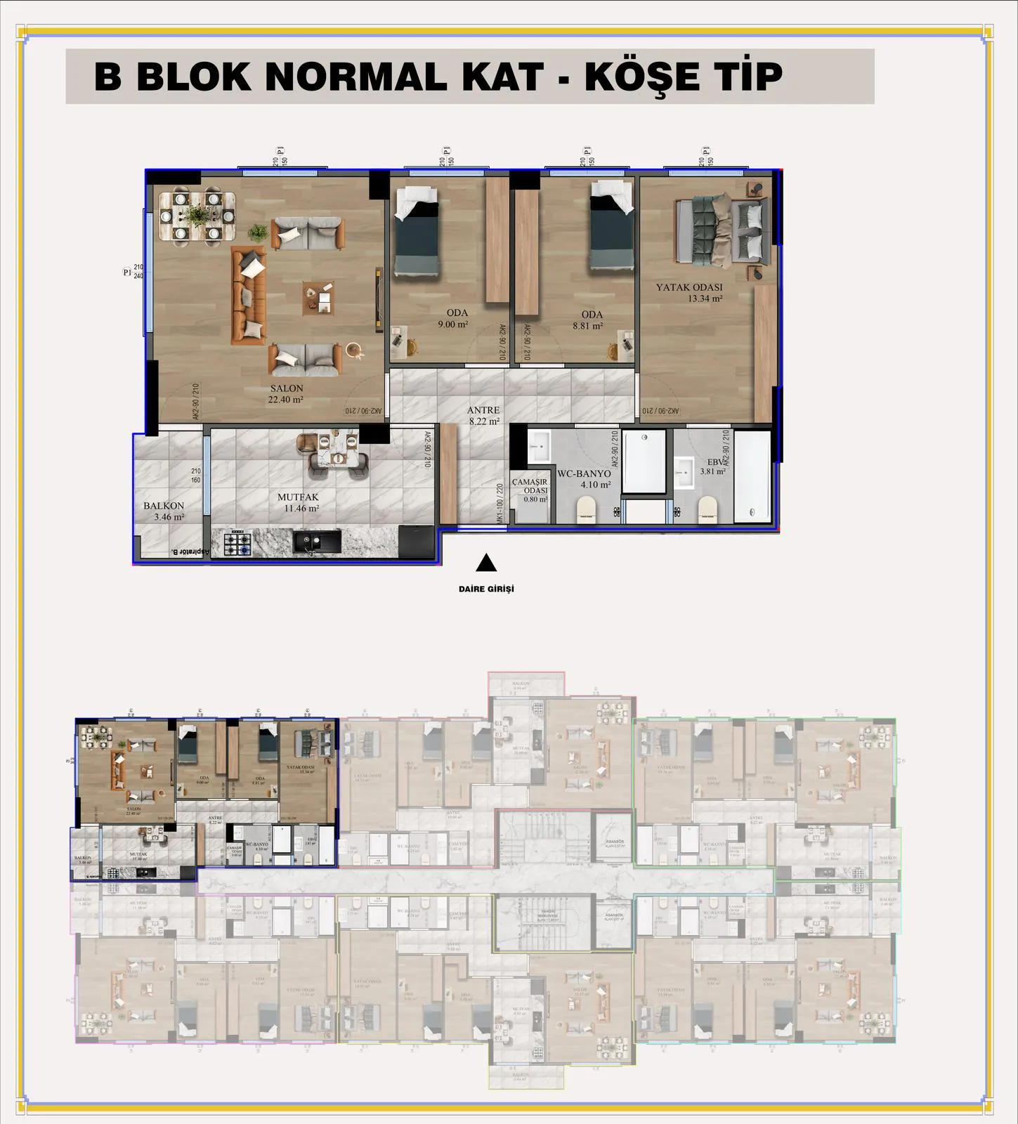 B Blok Normal Kat Köşe Tip daire planı