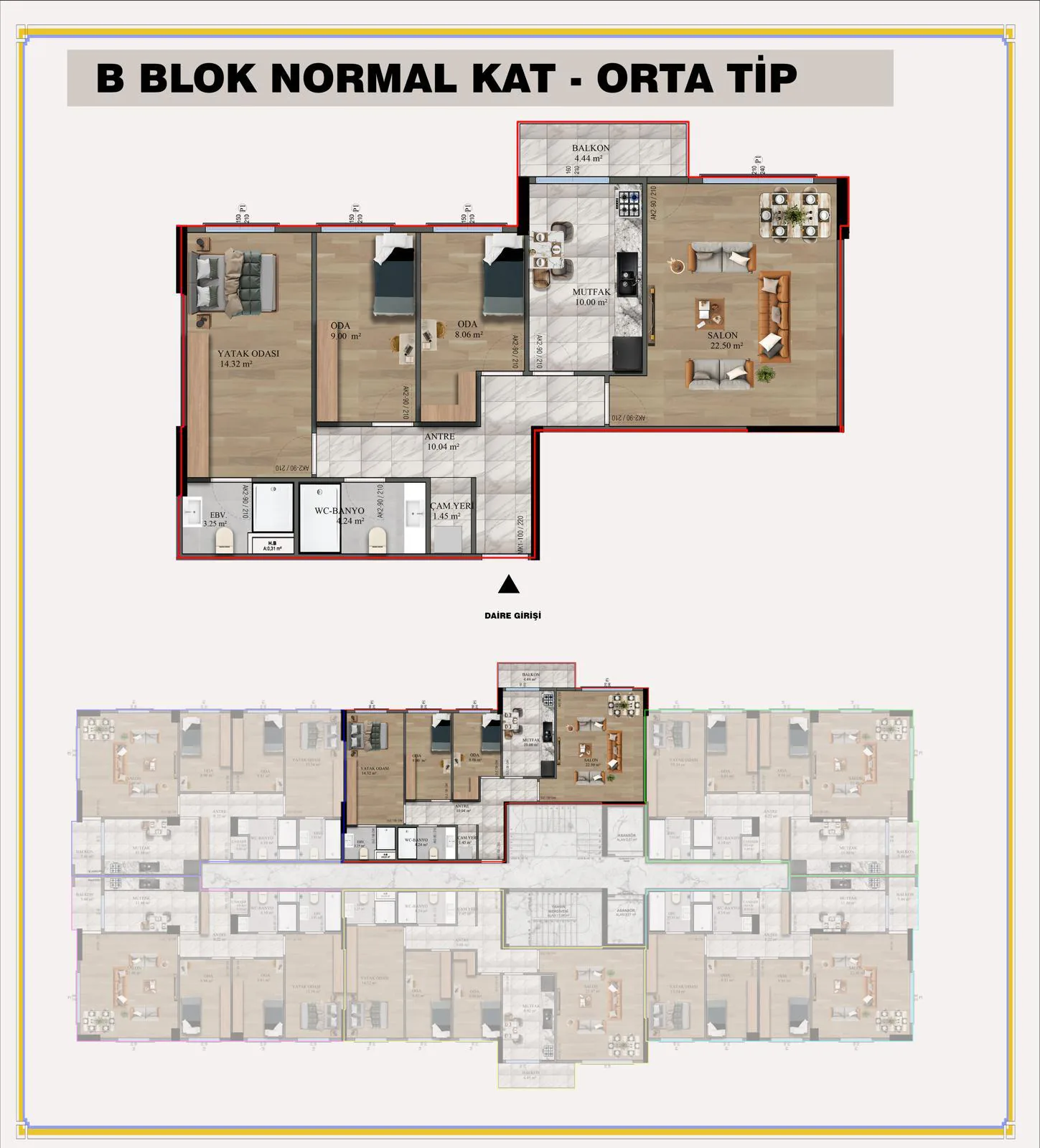 B Blok Normal Kat Orta Tip daire planı çizimi