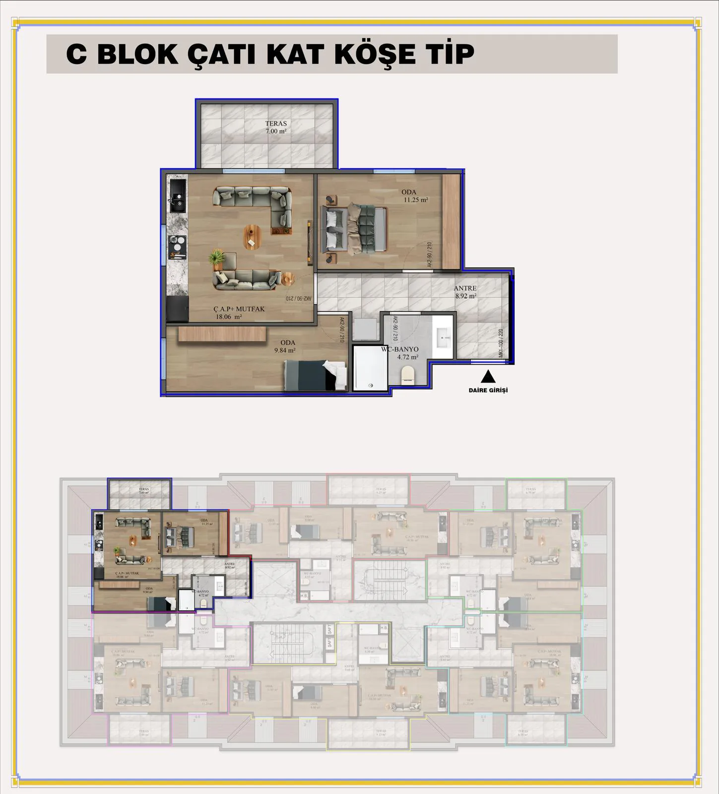 C Blok Çatı Katı Köşe Tip daire planı