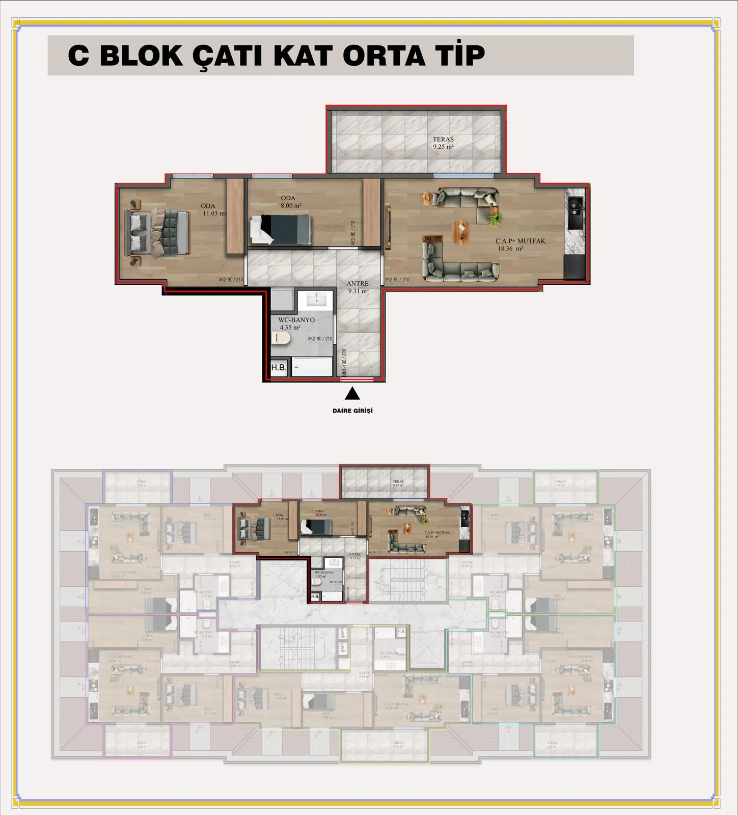 C Blok Çatı Katı Orta Tip daire planı