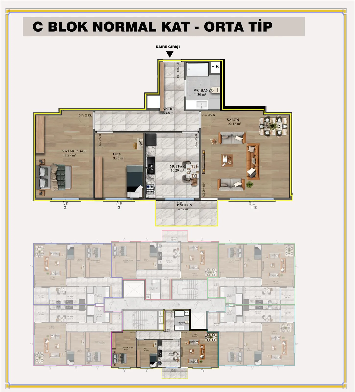 C Blok Normal Kat Orta Tip daire planı çizimi