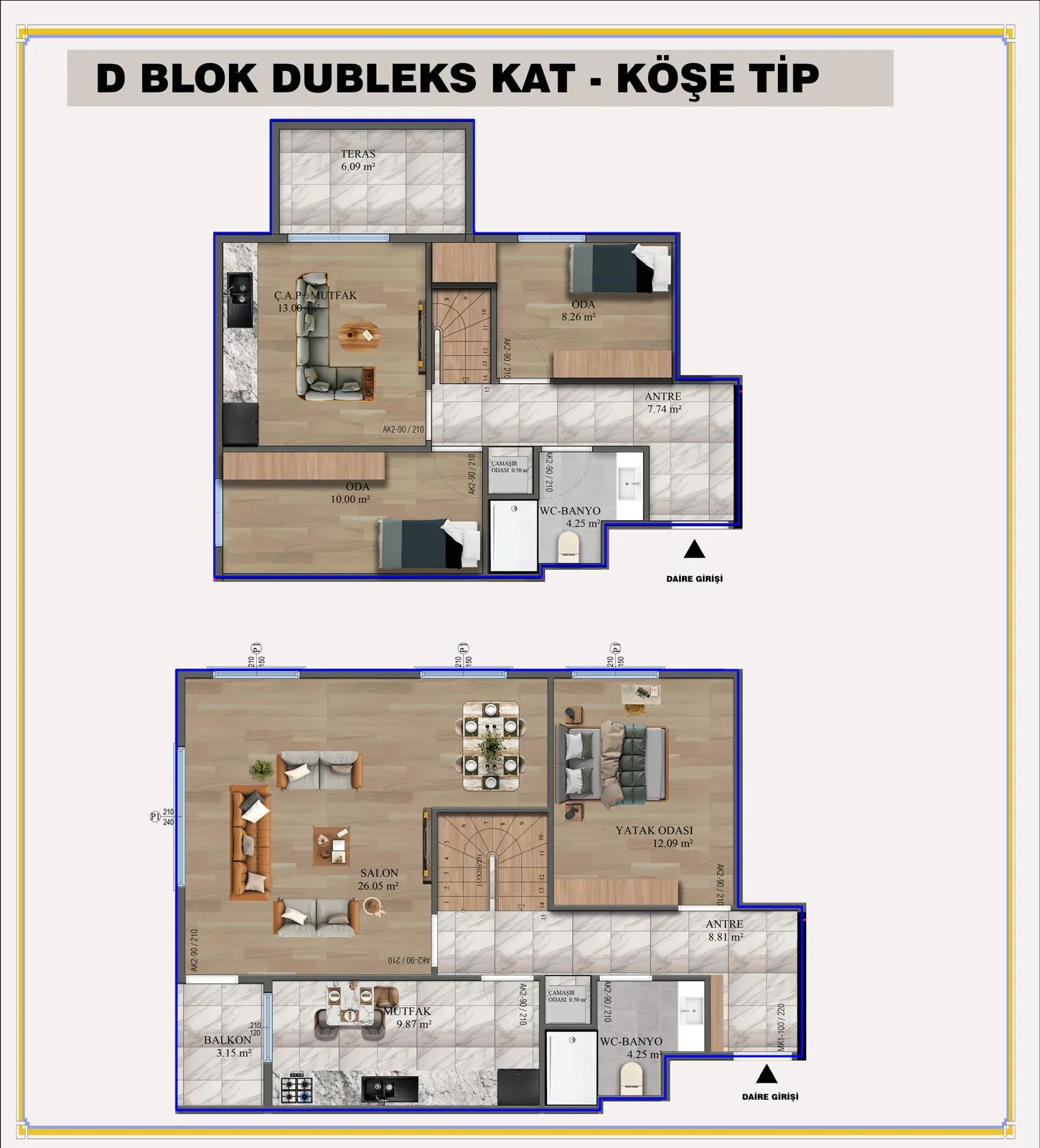 D Blok Dubleks Köşe Tip daire planı