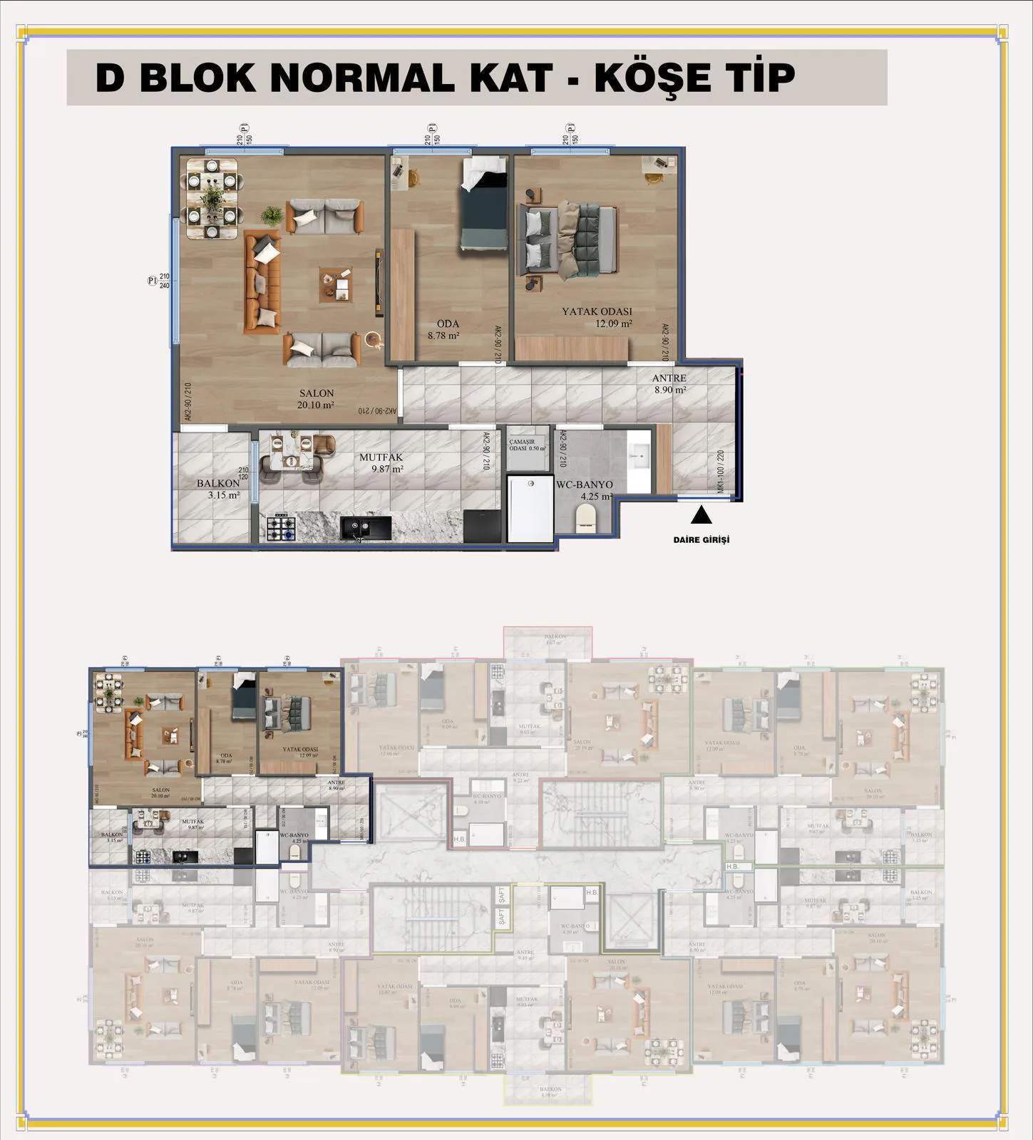 D Blok Normal Kat Köşe Tip daire planı