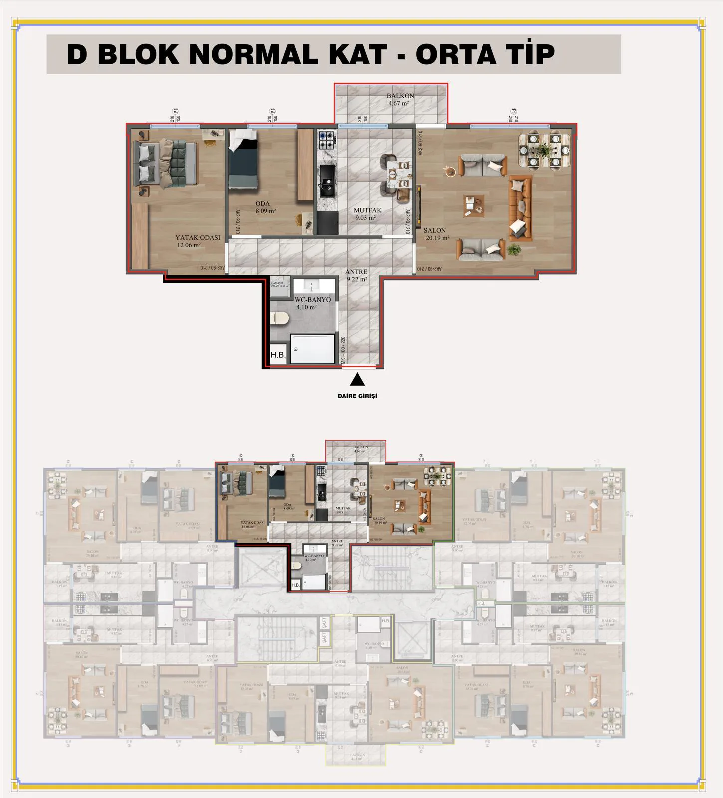 D Blok Normal Kat Orta Tip daire planı çizimi
