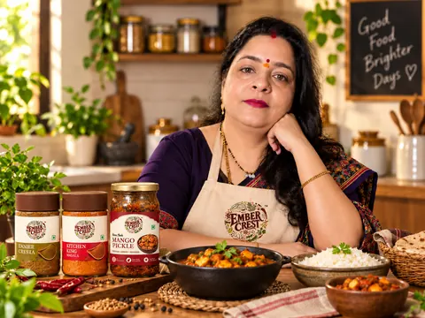 The proprietor at an Ember Crest kitchen table with spices and prepared food